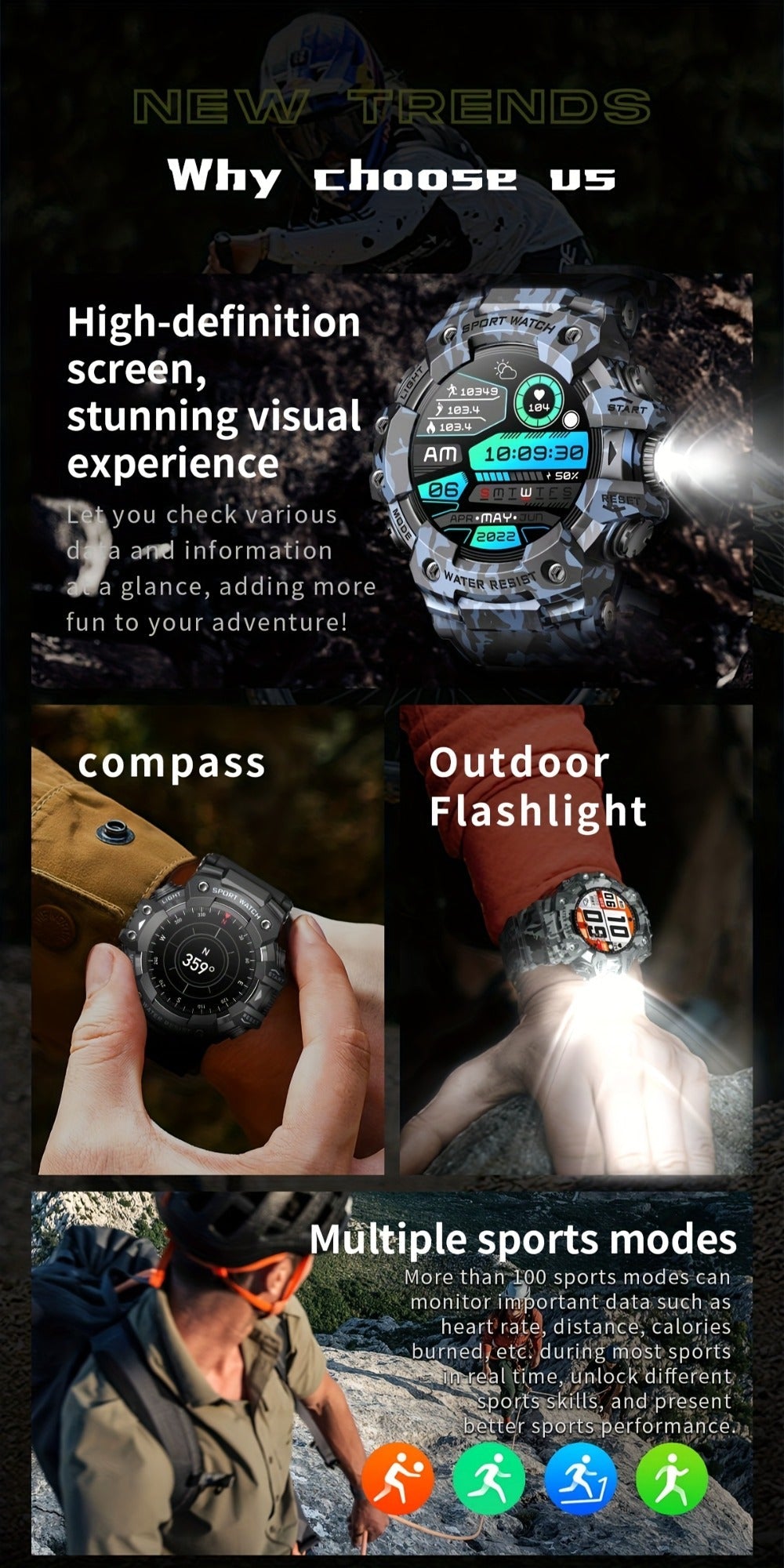 Tactical Smartwatch for Men, LED Flashlight & SOS Emergency, 1.32" TFT Screen, Bluetooth Calling, 100+ Sport Modes, Heart Rate SpO2 Sleep Tracker, Camouflage & Matte Colors – iPhone & Android Compatible