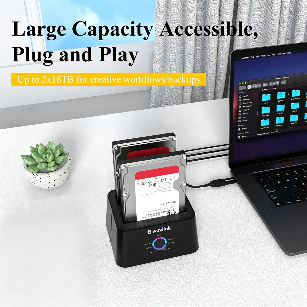 Dual Bay Hard Drive Docking Station USB 3.0 to SATA with Offline Clone Function – Wavlink Tool-Free Dock for 2.5/3.5 Inch HDD SSD, Up to 2x16TB, UASP 5Gbps, Hot Swap, USB-C Adapter Included