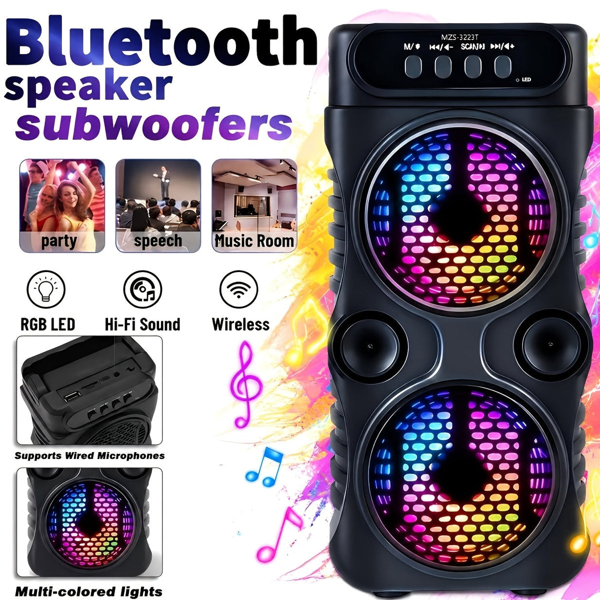 Dual 3-Inch Wireless Bluetooth Speaker with Colorful LED Lights, USB TF Card FM AUX Multi-Input, Long Playtime, Compact Party Speaker for Desktop Gaming Disco Outdoor Concerts Christmas Gifts