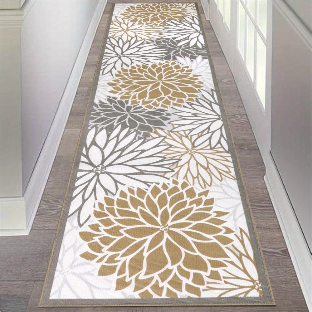 Floral Medallion Runner Rug Non-Slip Machine Washable – Low-Profile Hallway Carpet for Entryway, Laundry Room & Bathroom – Brown & Grey, 2x6, 2x8, 2x10 Ft