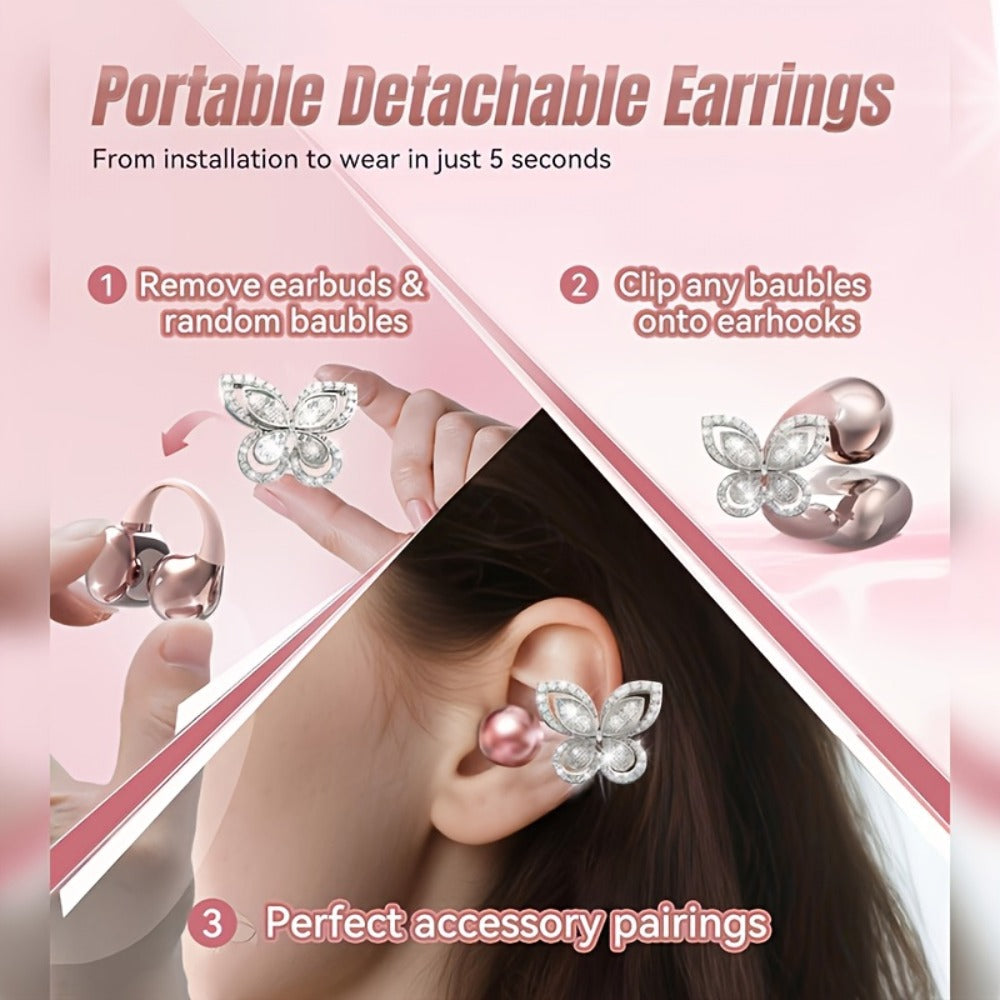 Clip On Wireless Earbuds Open Ear Bluetooth Headphones with Detachable Gemstone Earrings ANC Noise Reduction HD Stereo Hands-Free for Sports Exercise Work Study Outdoors