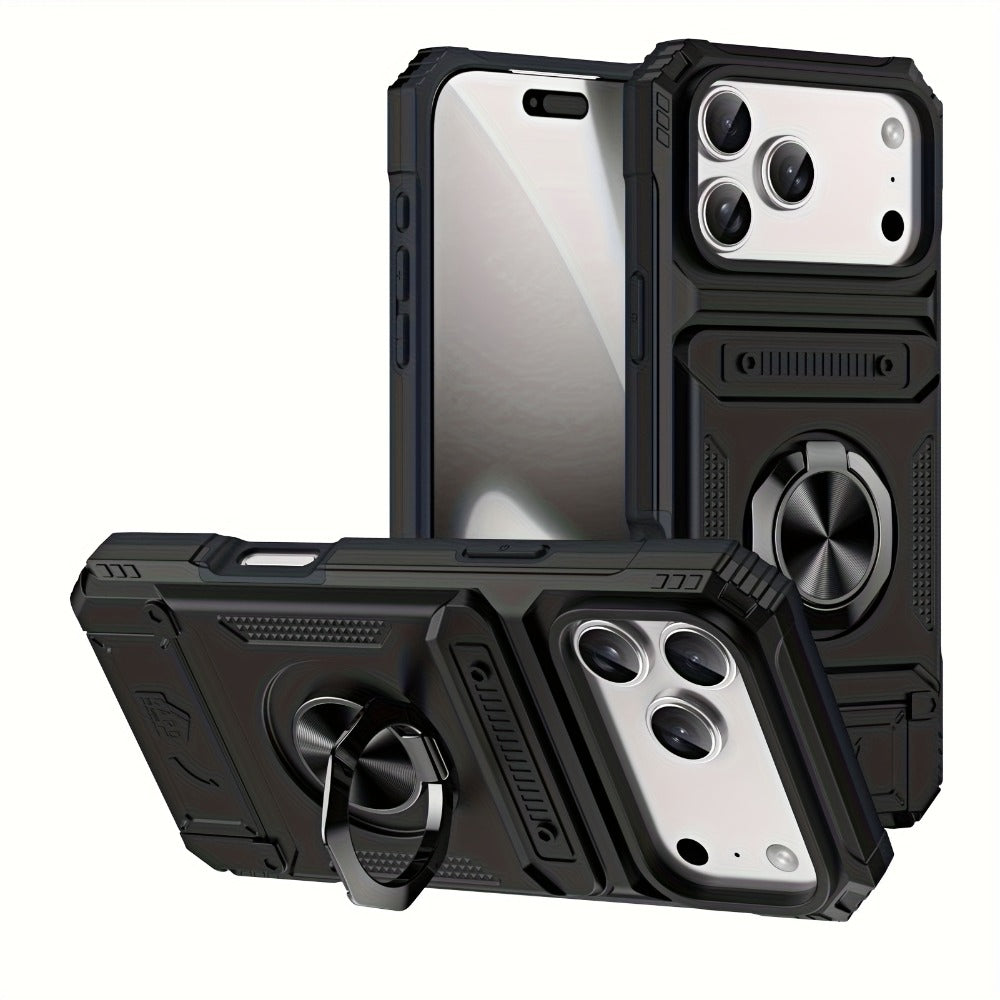 iPhone Card Slot Shockproof Case with Ring Holder & Kickstand – Wallet Phone Cover for iPhone 17 17 Air 17 Pro Max 16 15 14 13 12 11 Pro Max Plus Mini | Heavy Duty Drop Protection