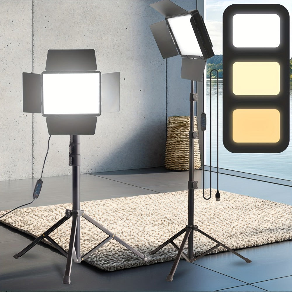 LED Fill Light Kit Studio Photography Lighting Set 10-Inch Square Dimmable 3 Color Modes with 51-Inch Adjustable Tripod 4pcs Baffles for Video Recording Live Streaming Selfie Conference Photo Studio