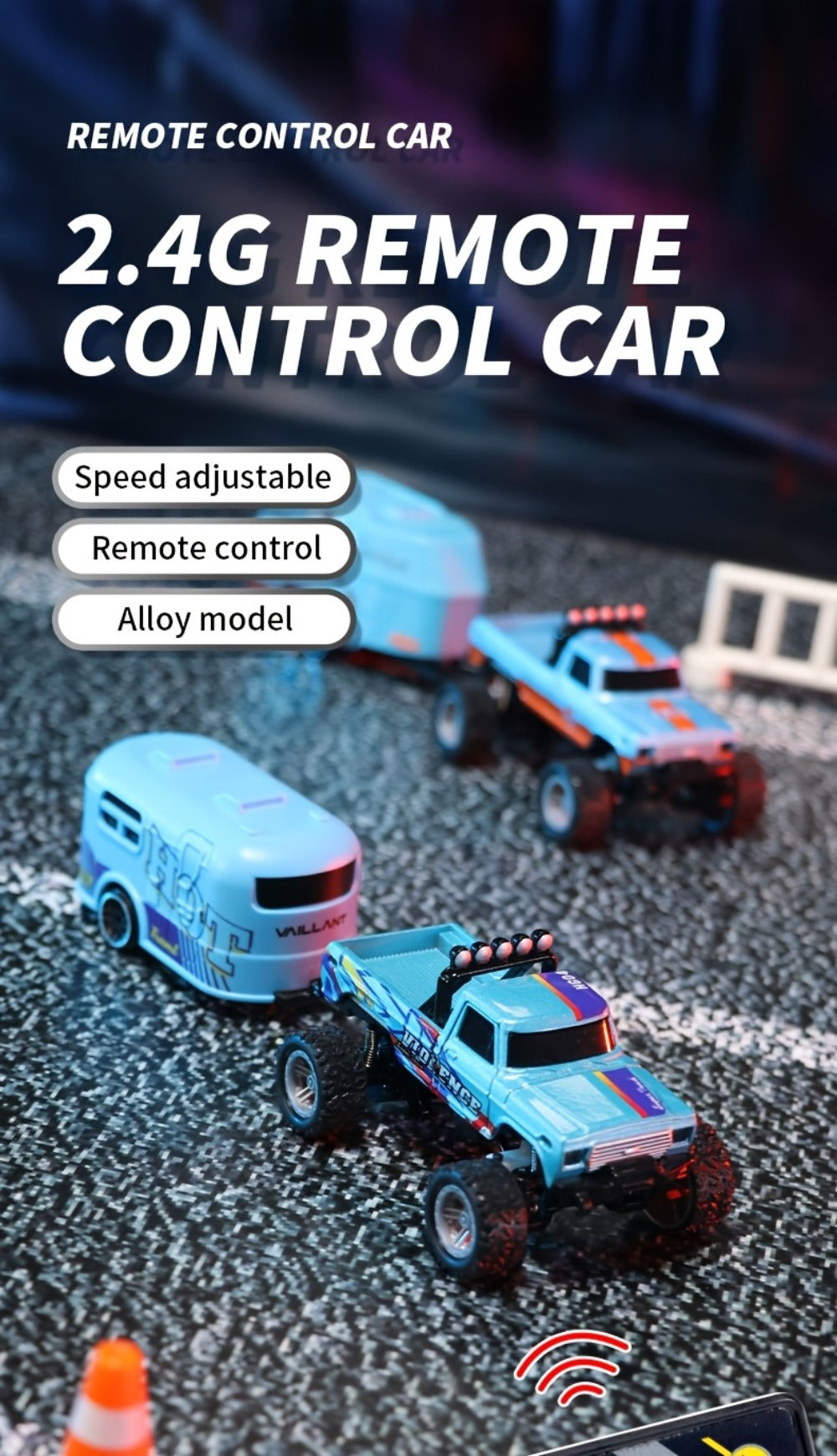 1:64 Mini RC Truck with Trailer and LED Lights, Green, Gray or Blue