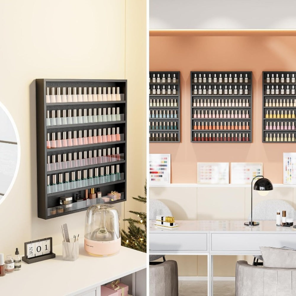 Wall Mount Nail Polish Rack Organizer 6 or 10 Tier with Acrylic Baffle Salon Display Shelf for Gel Polish Storage Nail Studio Home Spa Vanity Black White Pink