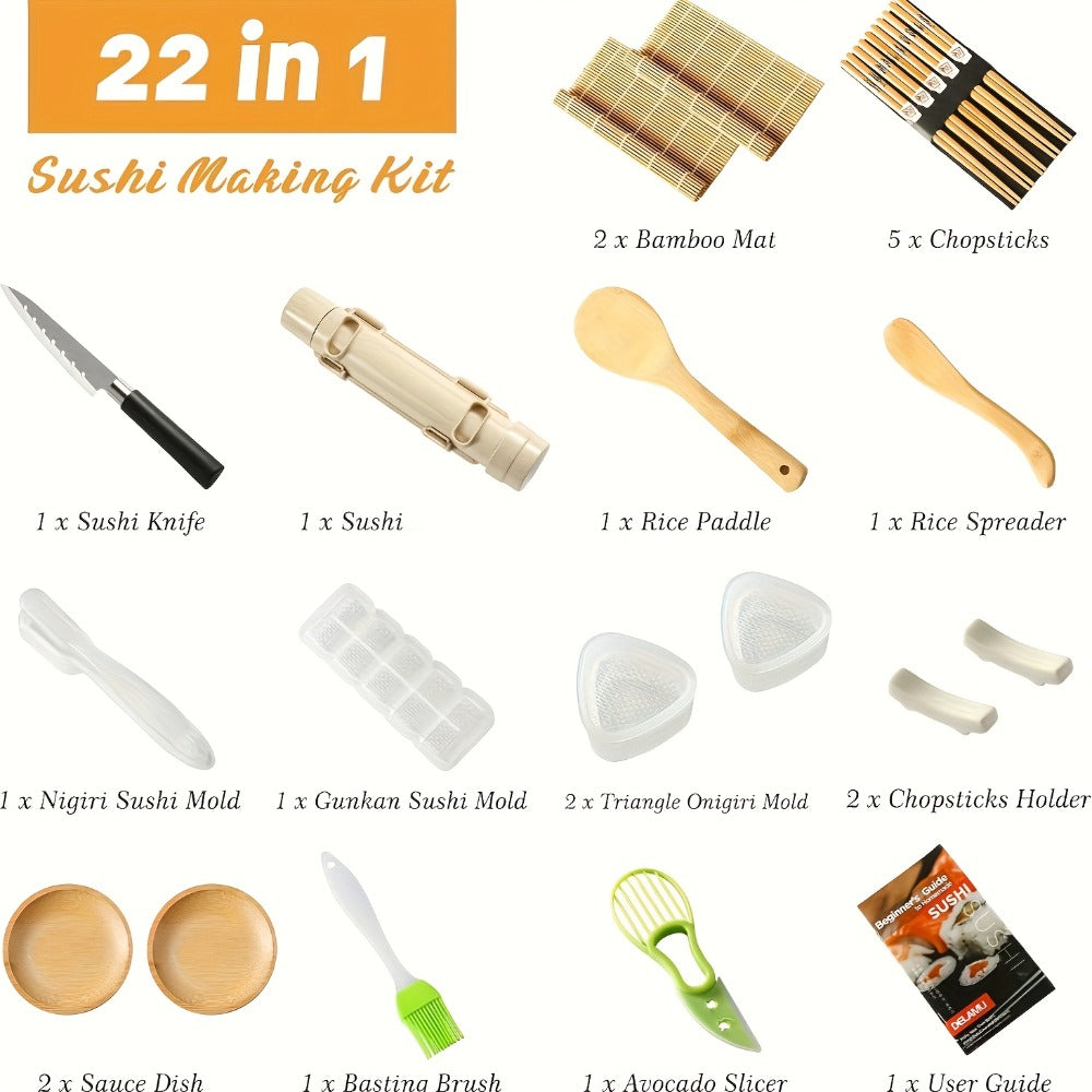 Sushi Making Kit 22-in-1 with Bamboo Rolling Mats Chef Knife Triangle Nigiri Gunkan Molds Chopsticks Beginner Guide – Complete DIY Sushi Set for Home Kitchen Japanese Cooking Gift