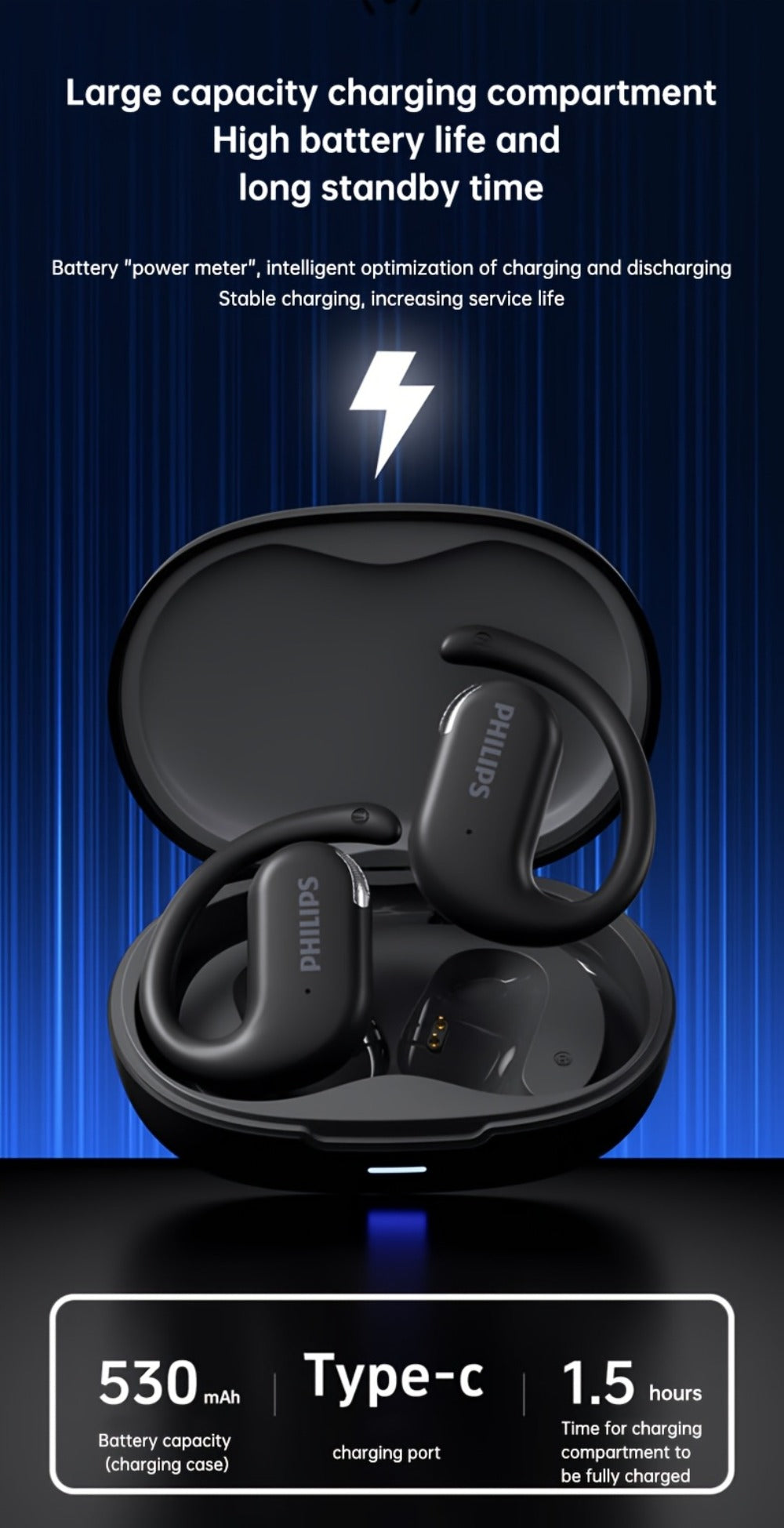 Philips TAT2739 Open Air Earbuds Wireless Bluetooth 5.3 Ear Hook Headphones with Wireless Charging Case – Non In-Ear Open-Back Design, Type-C, Tech Gift for Men Women