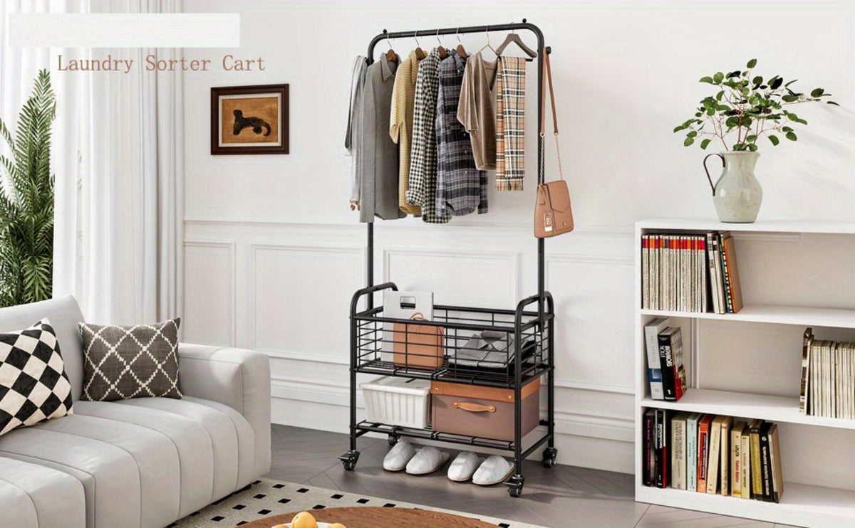 Rolling Laundry Basket with Wheels and Hanging Rack, Laundry Sorter Cart with Shelf and Locking Casters, Heavy Duty Steel Frame, Multifunctional Clothes Hamper for Laundry Room Bedroom Bathroom, White Black Silver