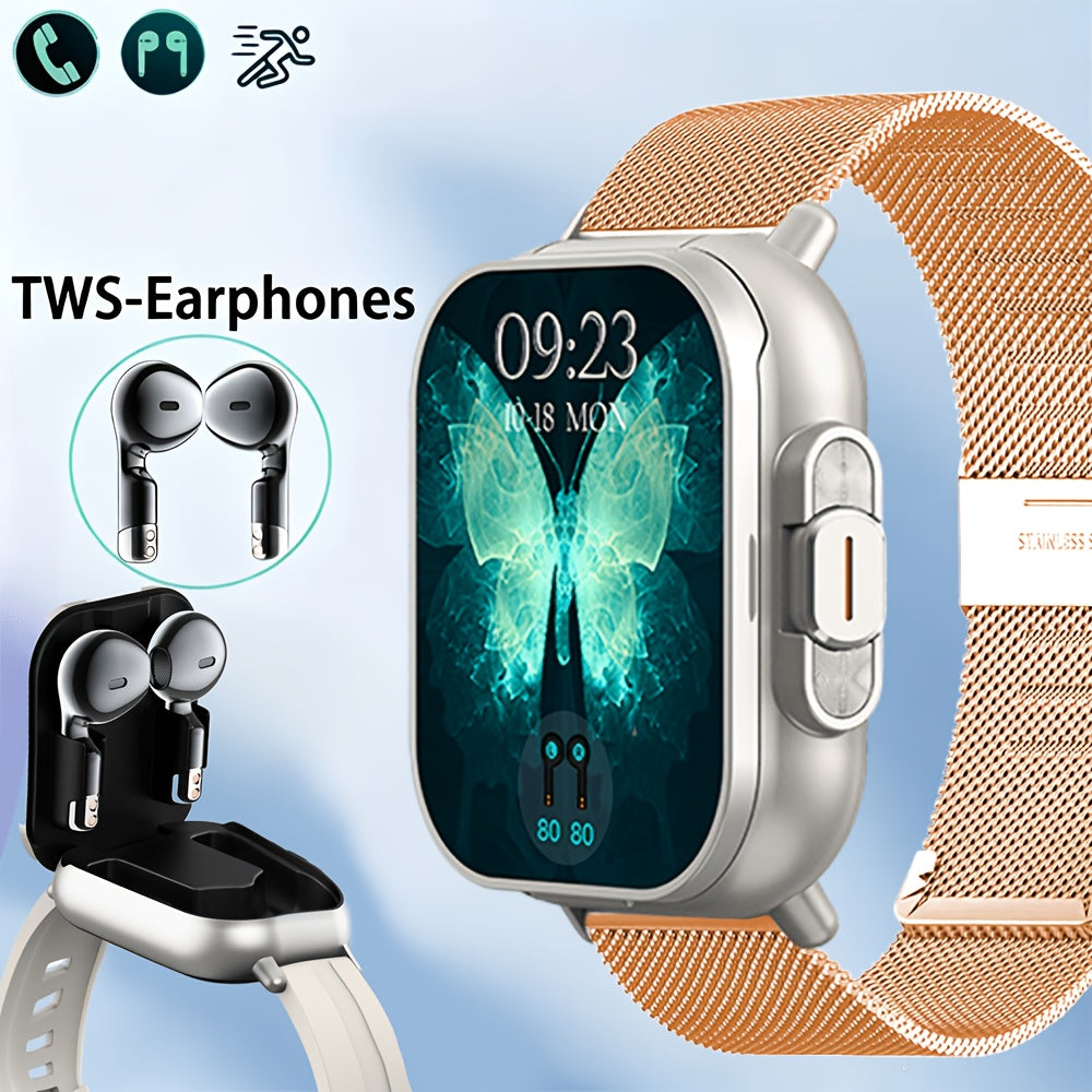 2-in-1 Smartwatch Earbuds Combo Steel & Mesh Strap for Men – Music Control Multiple Sports Modes Activity Tracking Black Silver Rose Gold Black Gold Smart Watch Earphone Gift