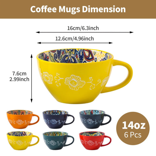 Bohemian Ceramic Coffee Mugs Set of 6, 15 oz, Microwave and Dishwasher Safe