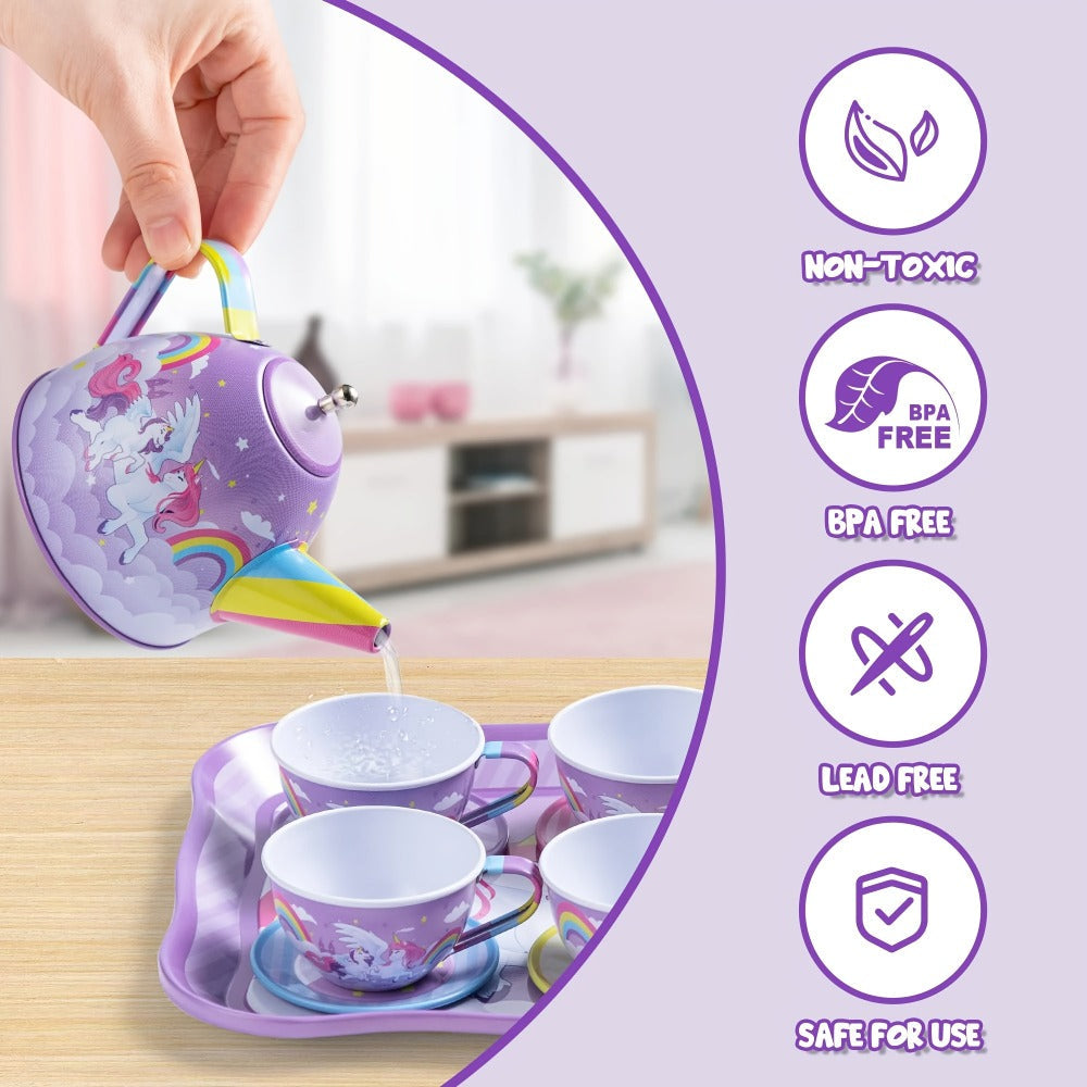 Purple Unicorn Pretend Play Tea Set with Teapot, Cups and Storage Case