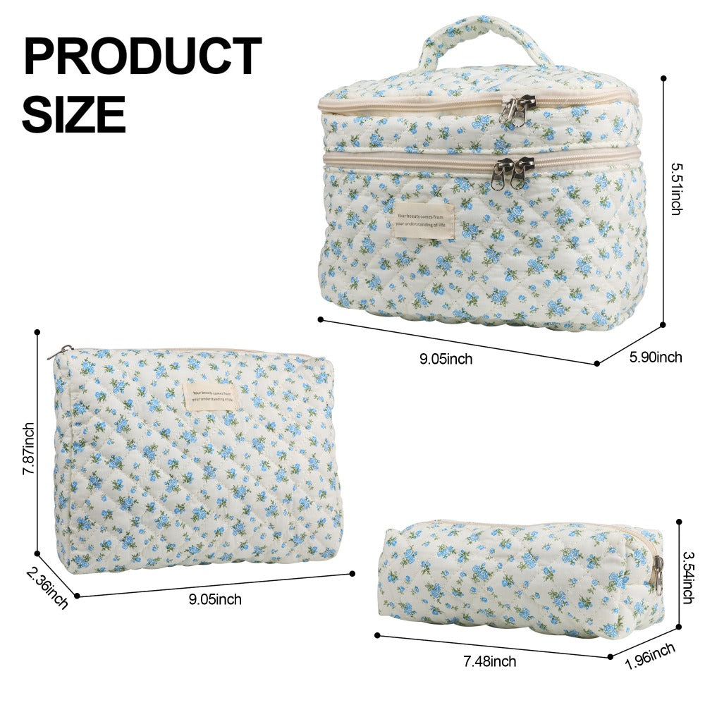 Quilted Floral Makeup Bag Set 3PCS Large Capacity Dual Layer Cotton Cosmetic Bags Coquette Aesthetic Travel Toiletry Organizer Gift for Women Girls Blue Rose Pink