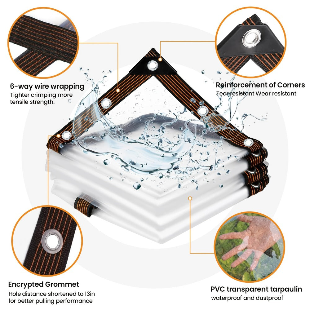 Clear Waterproof Tarp Heavy Duty Transparent PE Tarpaulin with Grommets – Rainproof Cover for Porch Canopy Henhouse Plant Camping & Outdoor Garden, Multi-Size