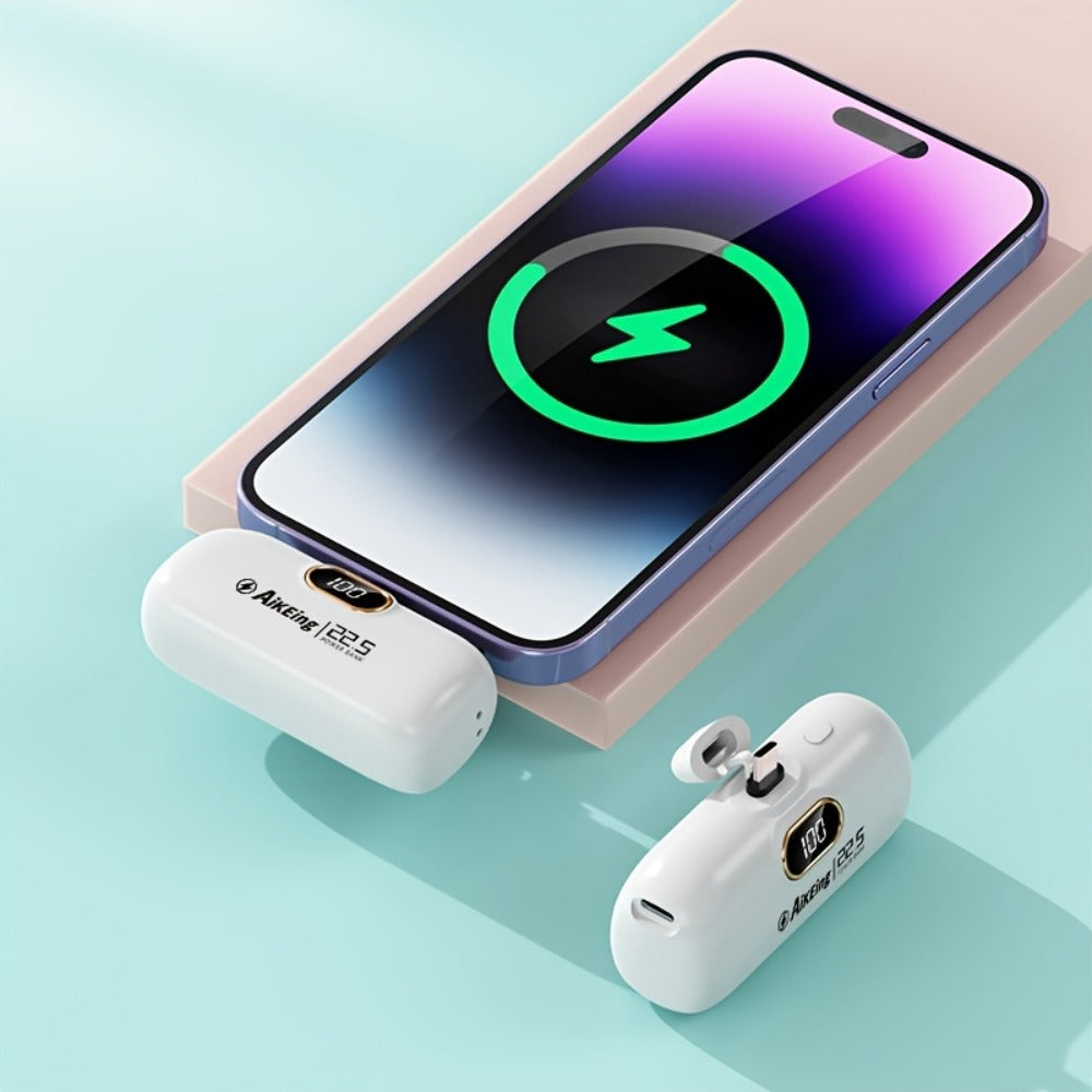 Mini Power Bank 5000mAh with Built-in USB-C Connector Fast Charging – Ultra-Compact Pocket Portable Charger for iPhone Android Samsung | Emergency Travel Charger | Green Pink