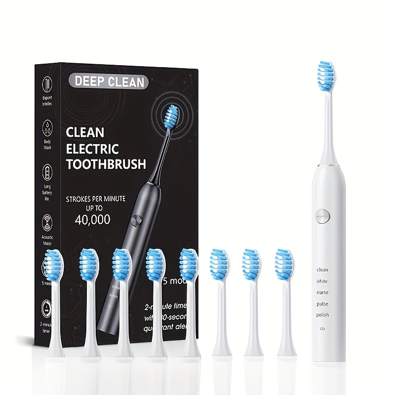 Sonic Electric Toothbrush – 5 Vibration Modes, Soft Bristle, Type-C Fast Charging, Waterproof, Deep Clean & Teeth Whitening Rechargeable Power Toothbrush for Men & Women, 4 or 8 Brush Heads