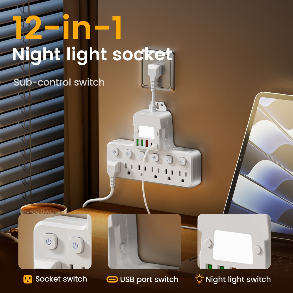 Desk Lamp Power Strip 12-in-1 with Adjustable LED Light, 6 AC Outlets & 5 USB Ports (3 USB-A + 2 USB-C), Overload Protection Surge Protector, Multi-Plug Charging Station for Office Home Travel – White & Black