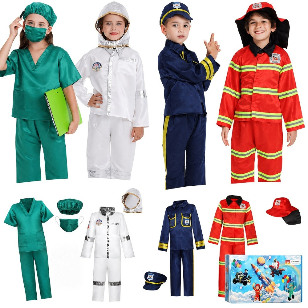 Kids Dress Up Costume Set 4-in-1, Firefighter, Police, Astronaut & Doctor Role Play Costumes