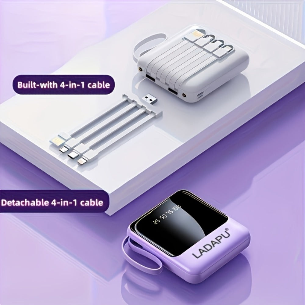 10000mAh Power Bank Built-in 4-in-1 Cable 22.5W Super Fast Charging Slim Mini Portable Charger for iPhone Android Samsung – Compact Travel Battery Pack USB-C Micro Lightning