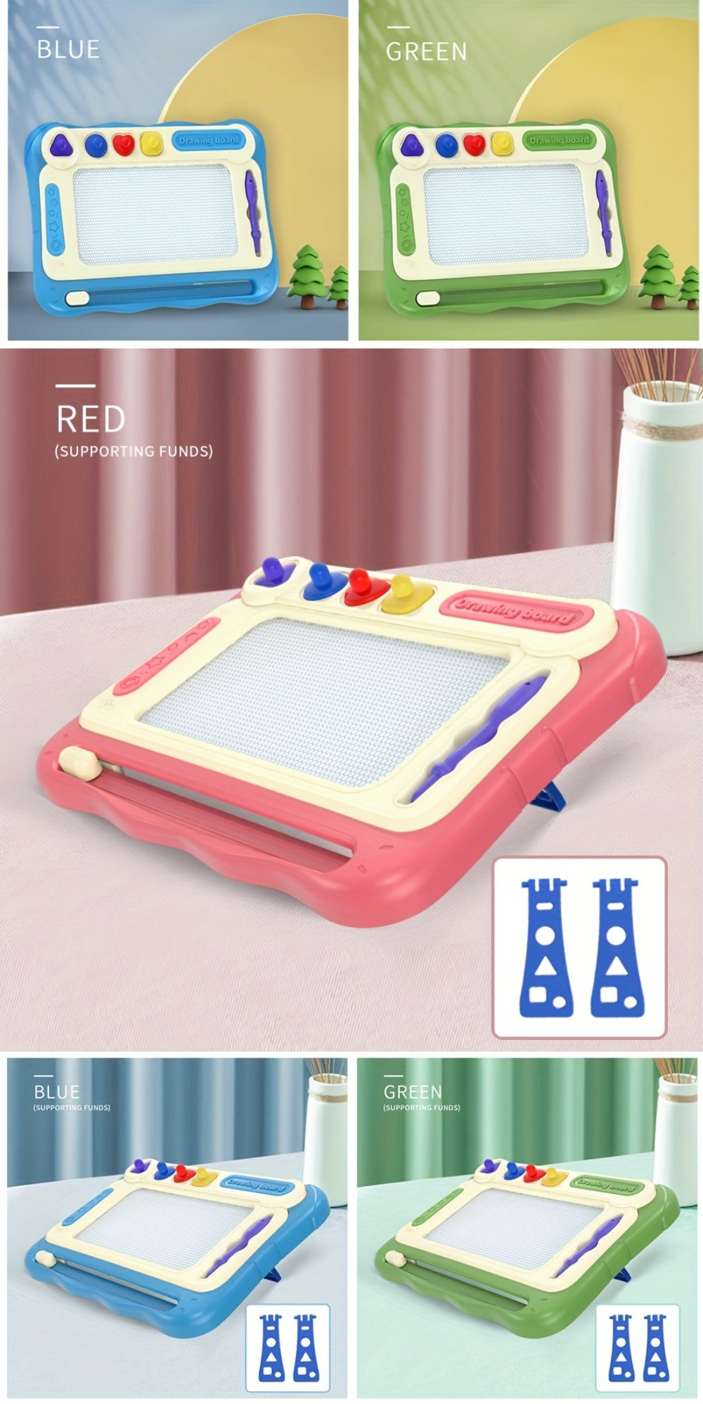 Kids Drawing Board Easel Upgraded with 4 Stamps & Paintbrush – Sturdy Legs Brackets Early Learning Art Toy for Toddlers Boys Girls Ages 3-8 Birthday Easter Christmas Gift Blue Pink Green