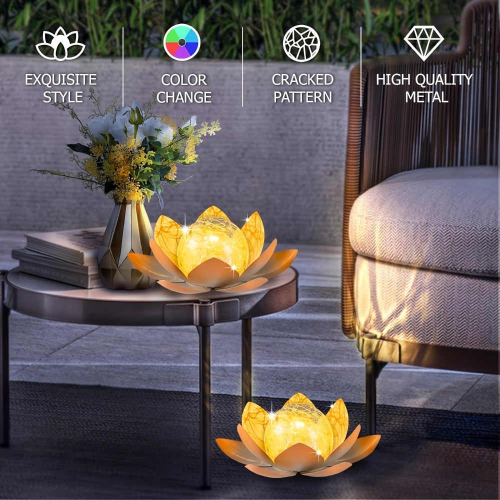 Solar Lotus Cracked Glass Ball Garden Lamp 2pcs – Waterproof Metal Cracked Ball Solar Light for Outdoor & Indoor Decoration | Garden, Balcony, Dining Table & Living Room Decor | Father’s Day Gift