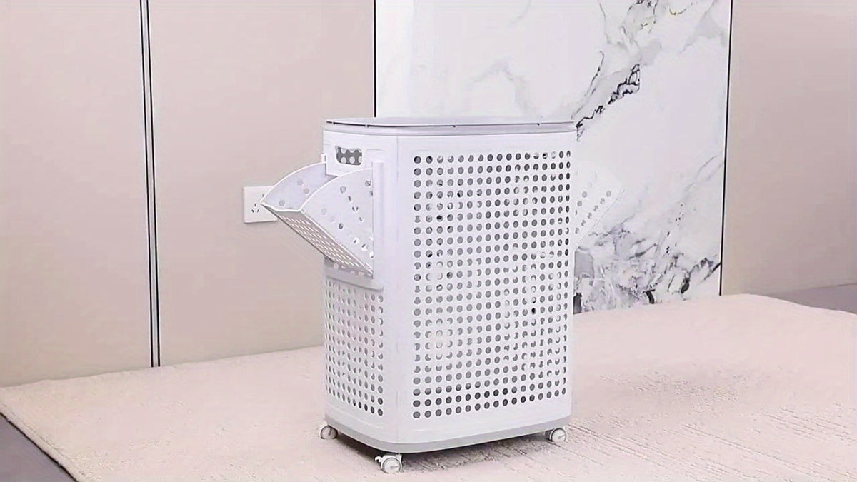 Wheeled Laundry Hamper Large Foldable with Dividers & Dust-Proof Lid – 360° Breathable Mesh Basket on Wheels, Reinforced Steel Base, Portable Clothes Organizer for Bedroom, Bathroom & Dorm