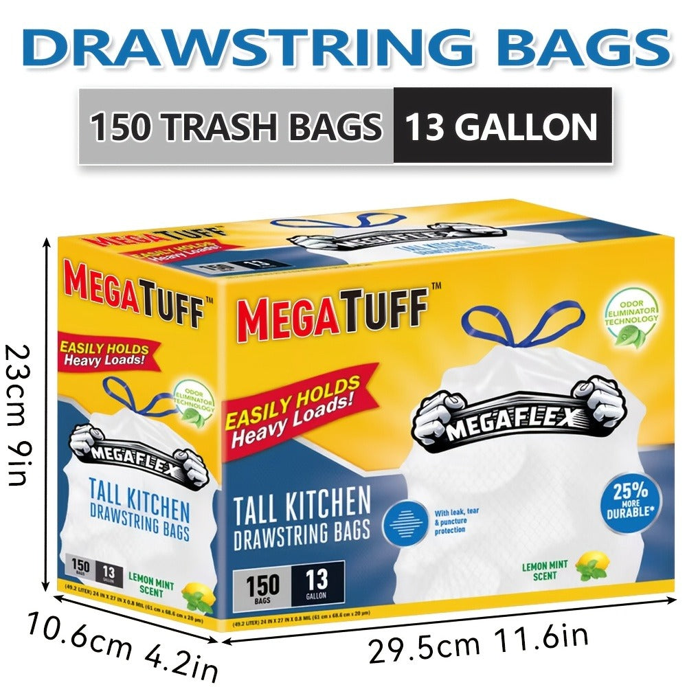 Drawstring Trash Bags 13 Gallon, 150 Count Tall Kitchen Garbage Bags, Puncture & Tear Resistant, Odor Eliminator Technology, Lemon Mint Fresh Scent, Disposable Drawstring Waste Bags for Kitchen Bathroom Office