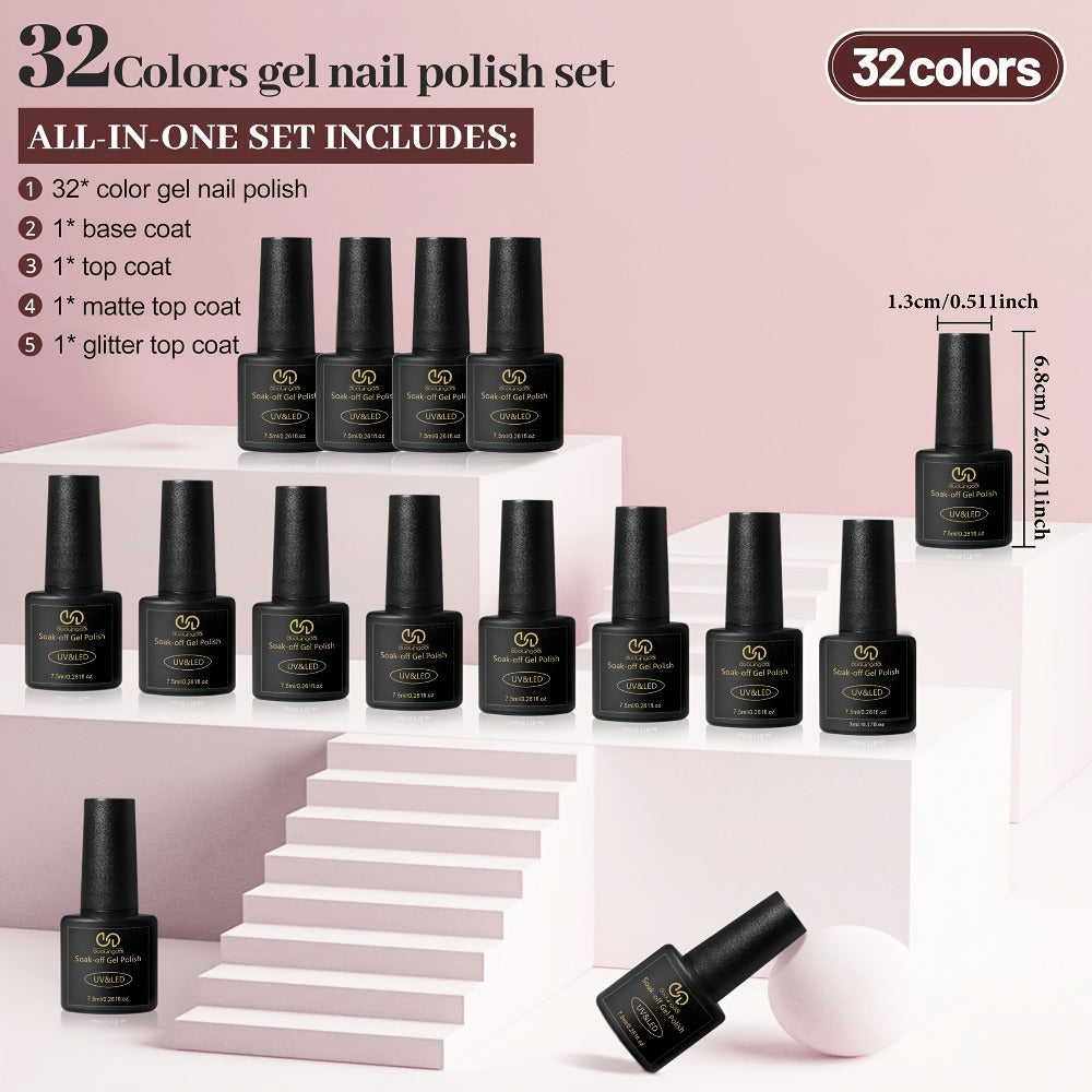 Gel Nail Polish Set 36Pcs – 32 Colors Kit with Base Coat Glossy Matte & Glitter Top Coat, Green Blue Red Pink Collection, UV LED Soak-Off Gel Polish Gift Set for Women