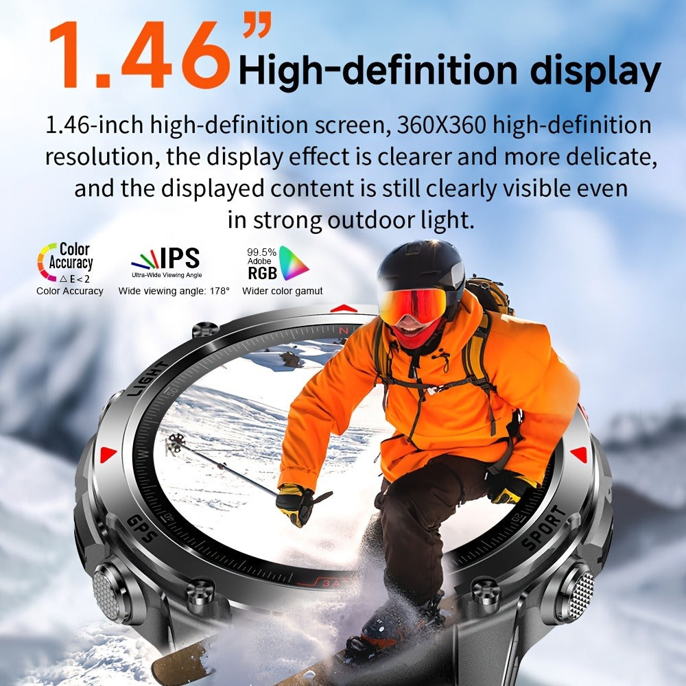 IPX8 Waterproof GPS Smartwatch for Men Outdoor Adventure 3ATM 1.46 Inch IPS Display Multi-Sport Tracking Wireless Calling Message Notifications Compatible with Android iPhone – Black Steel Silver Camouflage