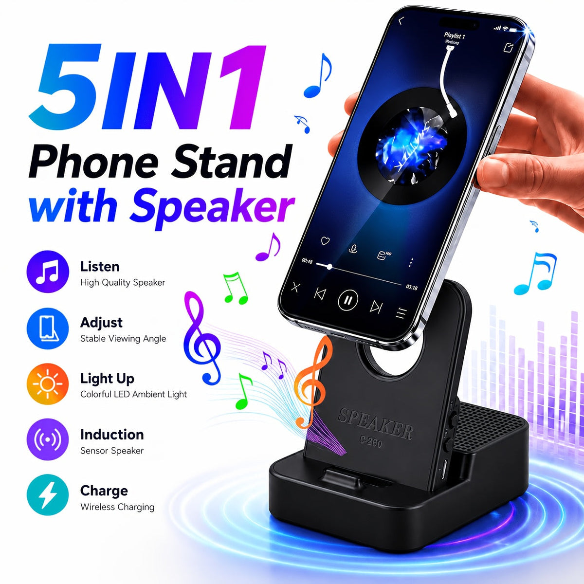 Magnetic Wireless Speaker Stand with Emergency Charging – 360° Adjustable Foldable Phone Holder, Portable Bluetooth Speaker, Compatible with iPhone & Android, for Home, Travel & Office