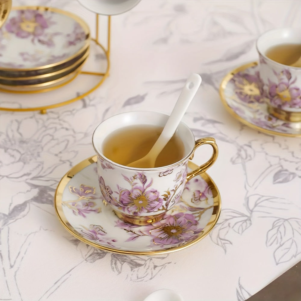 Floral Ceramic Tea Set 20 Pcs – European Porcelain Tea Cups & Saucers with Metal Holder & 15 Oz Teapot – Luxury Arabic Coffee Cup Set for Espresso, Cappuccino & Afternoon Tea – Elegant Gift