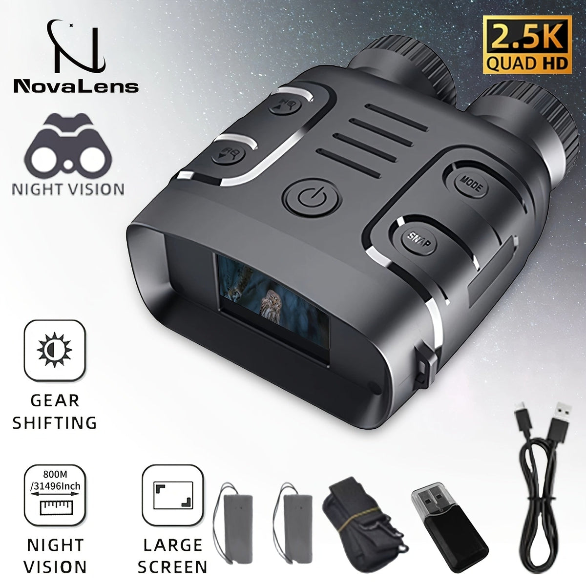 Digital Night Vision Binoculars 2.5K HD – 10X Zoom, 800M Range, 2.4" Screen with Photo & Video Recording | USB Rechargeable Night Vision Goggles for Hunting, Fishing, Camping & Boating