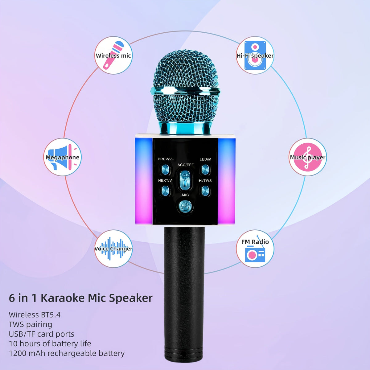 6-in-1 Wireless Karaoke Microphone Speaker with LED Lights and TWS shown in the Blue option