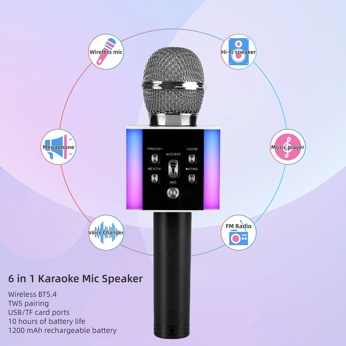 6-in-1 Wireless Karaoke Microphone Speaker with LED Lights and TWS shown in the Silvery option