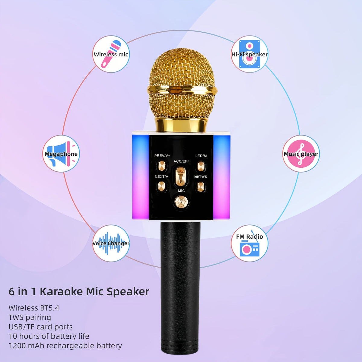 6-in-1 Wireless Karaoke Microphone Speaker with LED Lights and TWS shown in the Yellow option