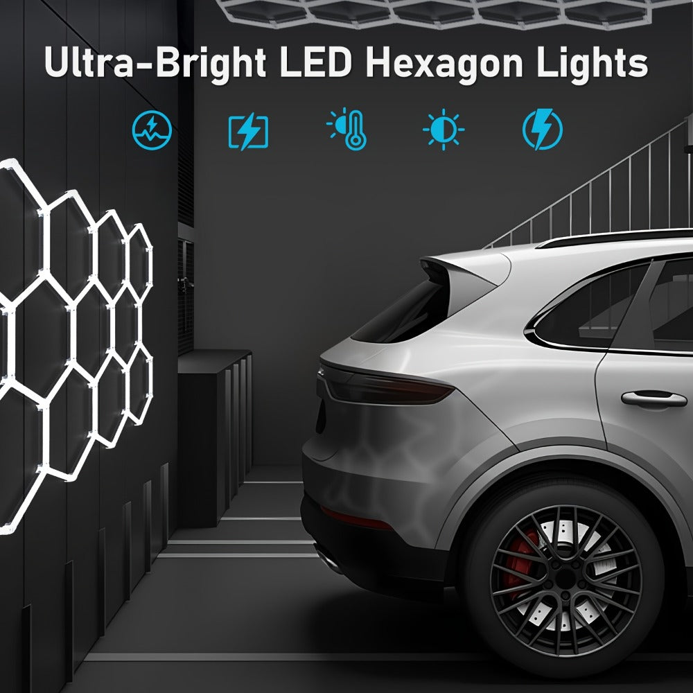 LED Hexagonal Garage Light 6500K – Super Bright Daylight White Shop Light 42W–620W for Auto Detailing, Warehouse, Workshop, Basement & Gym (1 to 32 Grids, Hex Frame Available)