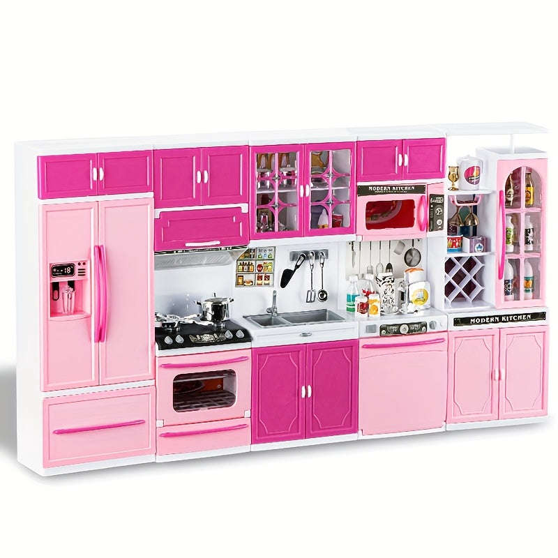 Pink Pretend Play Kitchen Set, 64-Piece Play House with Lights and Sounds