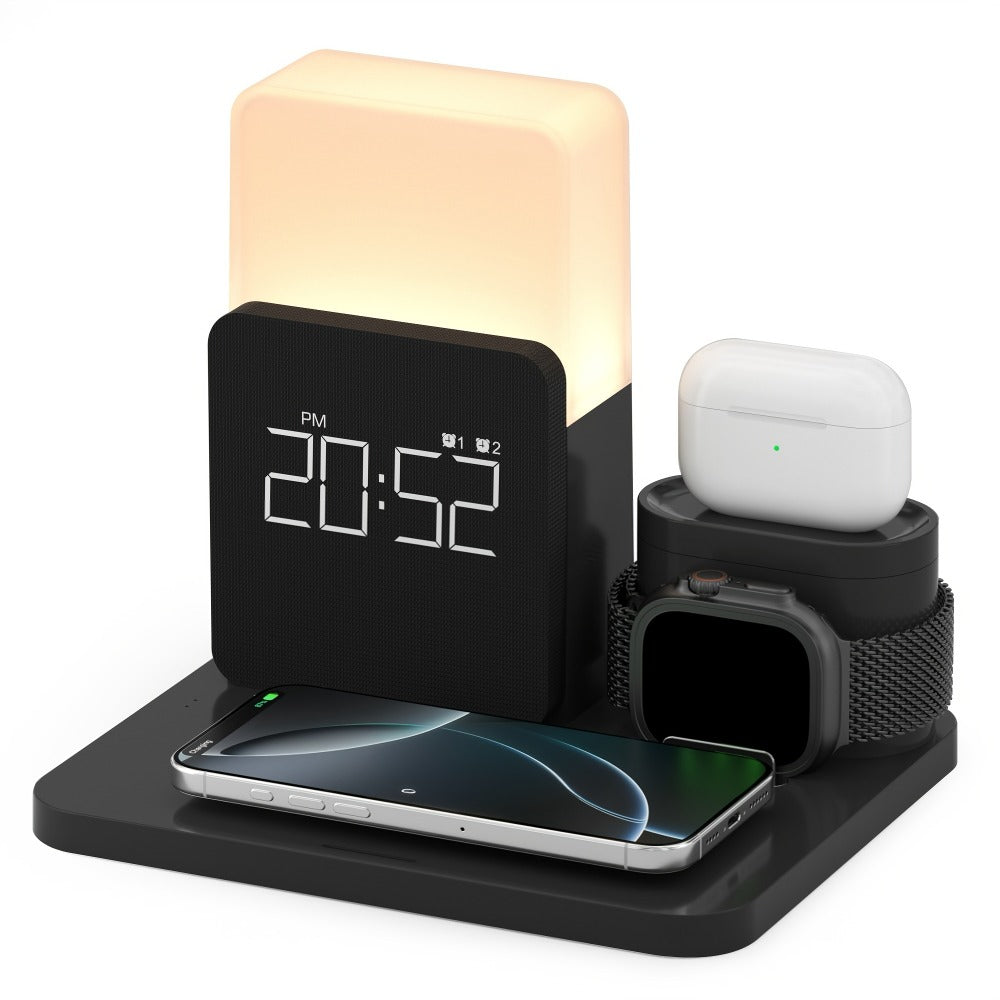 Alarm Clock 3-in-1 Wireless Charging Station with Clock Display – Bedside Charging Dock for iPhone 16 15 14 13 12 & Samsung Galaxy, Charges Phone Watch & Earbuds Simultaneously | Black White Gray