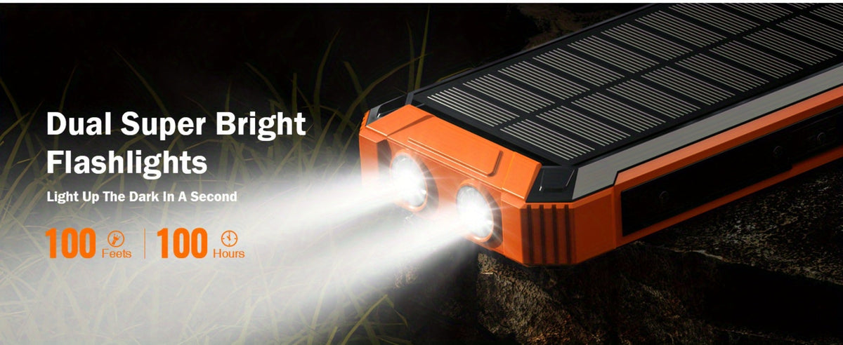 Solar Power Bank 46800mAh Wireless Charging 4 Built-in Cables Dual LED Flashlight 15W Fast Charge Outdoor Camping Hiking Emergency Battery Pack iPhone Android Red Green Blue Black Orange
