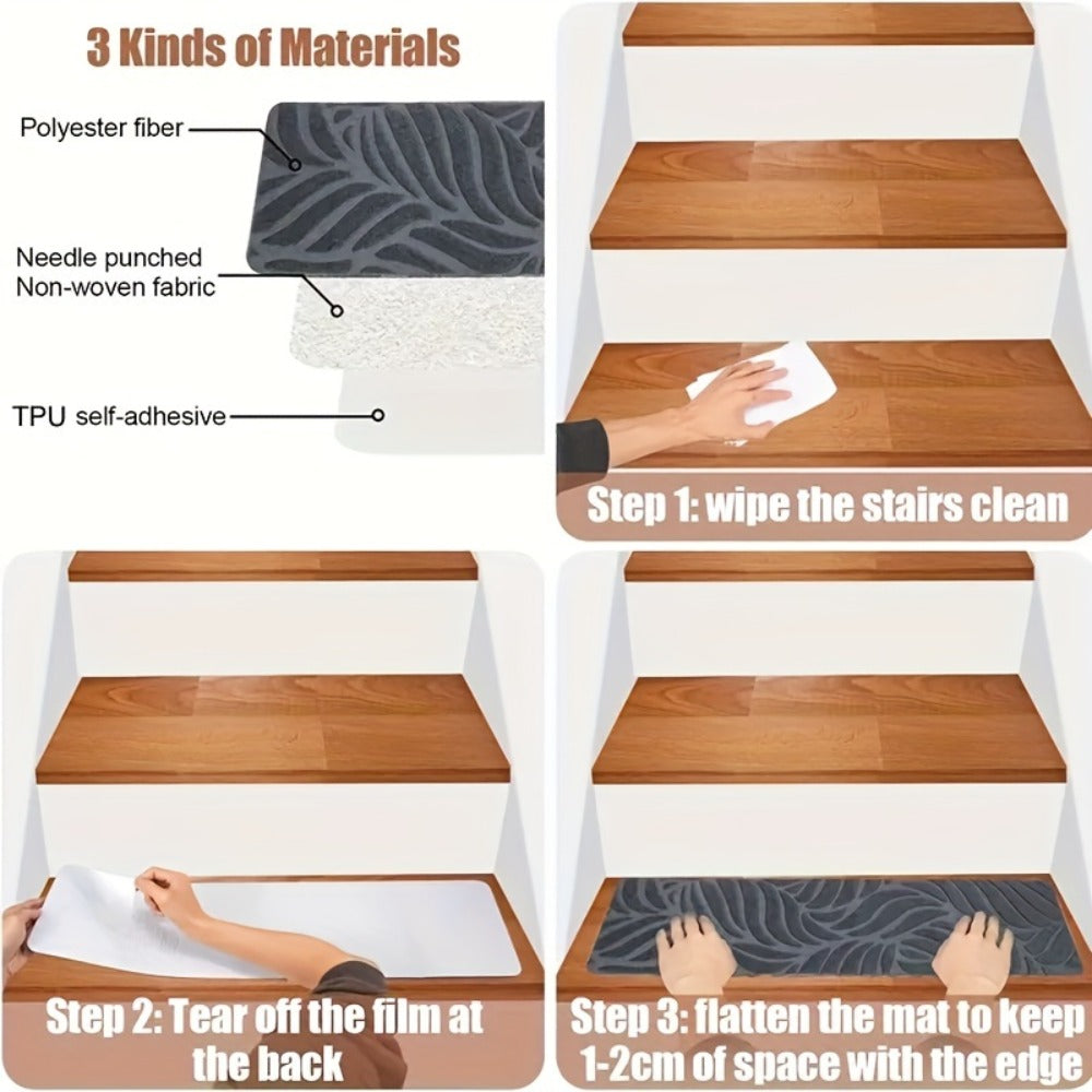 Non-Slip Stair Treads 15pcs 8"x30" Self-Adhesive Carpet Pads for Wooden Steps – Washable Polyester Indoor Stair Mats for Safety, Anti-Slip Step Covers in Multiple Colors