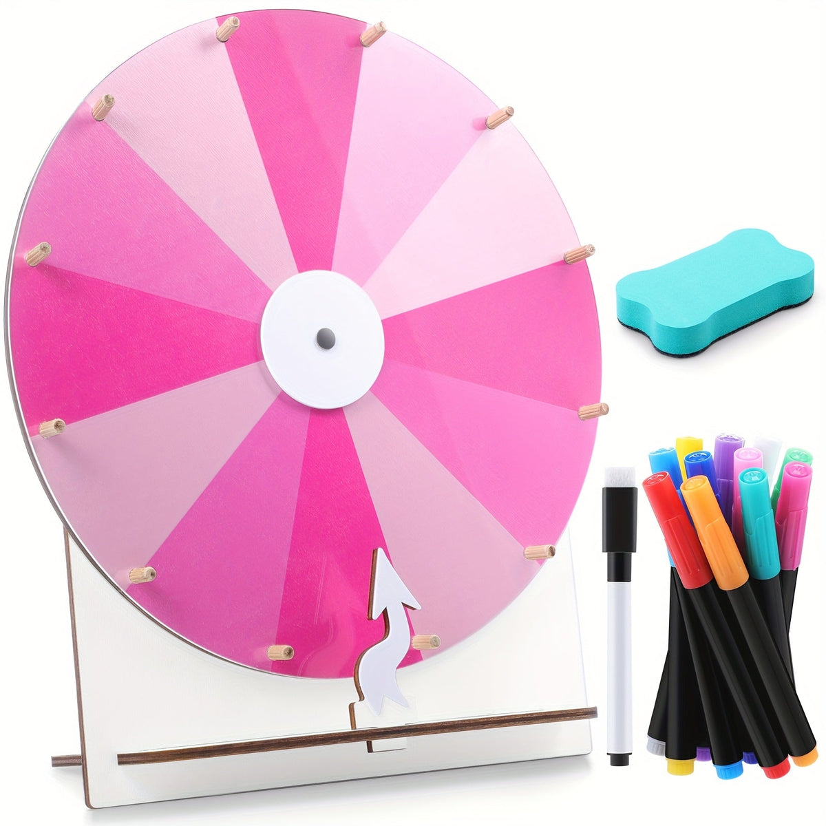 Spinning Prize Wheel 11.4 Inch Erasable Raffle Spin Wheel with Stand Tabletop Roulette Spinner for Wedding Party Family Game Night Classroom Pink