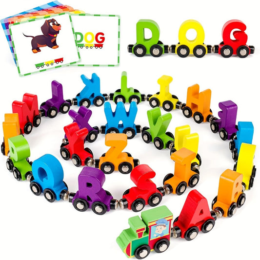 Wooden Alphabet Train Set, 27-Piece Magnetic ABC Letter Toy with 42 Flash Cards & Storage Bag