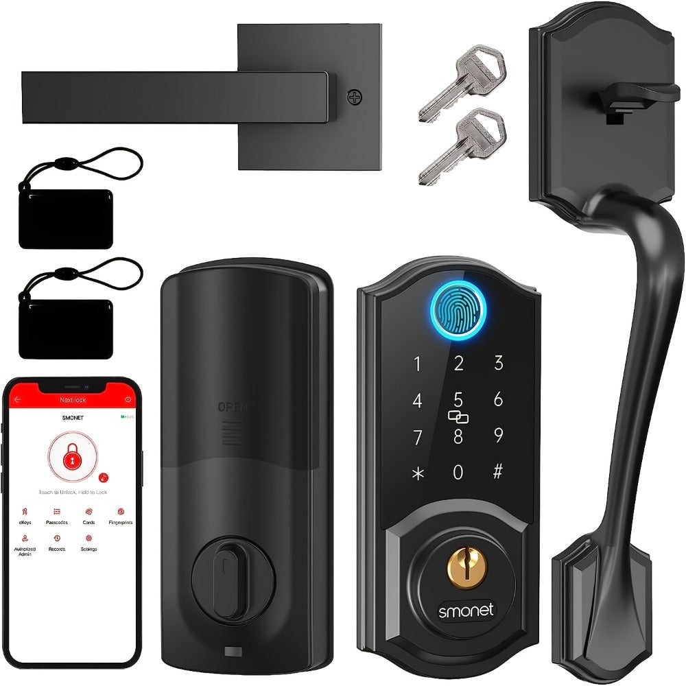 SMONET Smart Deadbolt Lock Set with Handle - Fingerprint, Bluetooth App & Keypad, Auto-Lock, Keyless Entry for Home, Office, Airbnb & Hotel, Oil Rubbed Bronze, Black & Silver