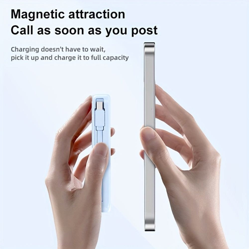 Magnetic Power Bank 10000mAh USB-C Fast Charging – Built-in Cable, Charges 5 Devices & Laptops Simultaneously, Foldable Stand, Portable External Battery for Travel Work Daily Use