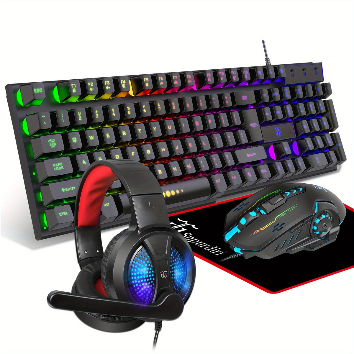 Gaming Keyboard and Mouse Combo 4-in-1 Wired Gaming Set with Headset Mouse Pad for PC Xbox PS4 Desktop Laptop RGB Bundle All-in-One Gaming Peripheral Kit for Beginners Black