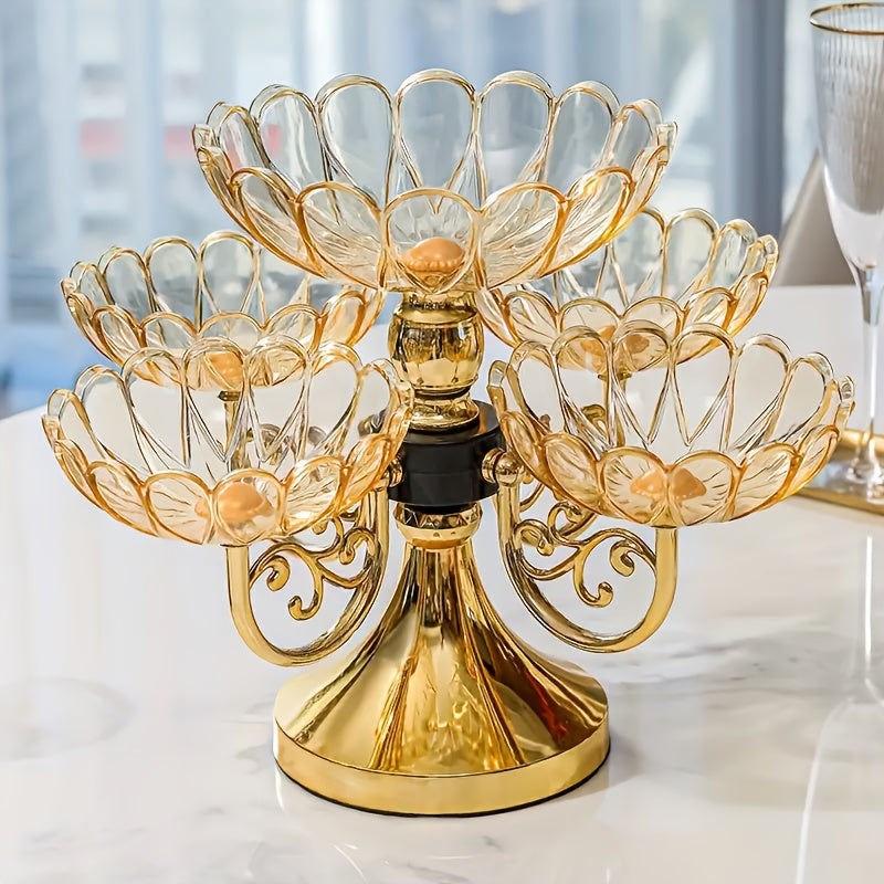 Crystal Rotating Fruit Plate Set 5-Tier – Luxury Round Multi-Layer Snack Candy Dish Bowl for Living Room Coffee Table Home Decor European Style Elegant Dessert Display Centerpiece Gift