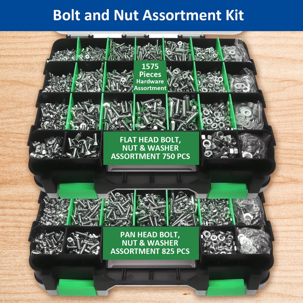 1575pcs 304 Stainless Steel Nuts and Bolts Assortment Kit – Pan Head Flat Head Screws Nuts Washers with Double-Sided Storage Box for Home & Mechanical Repairs