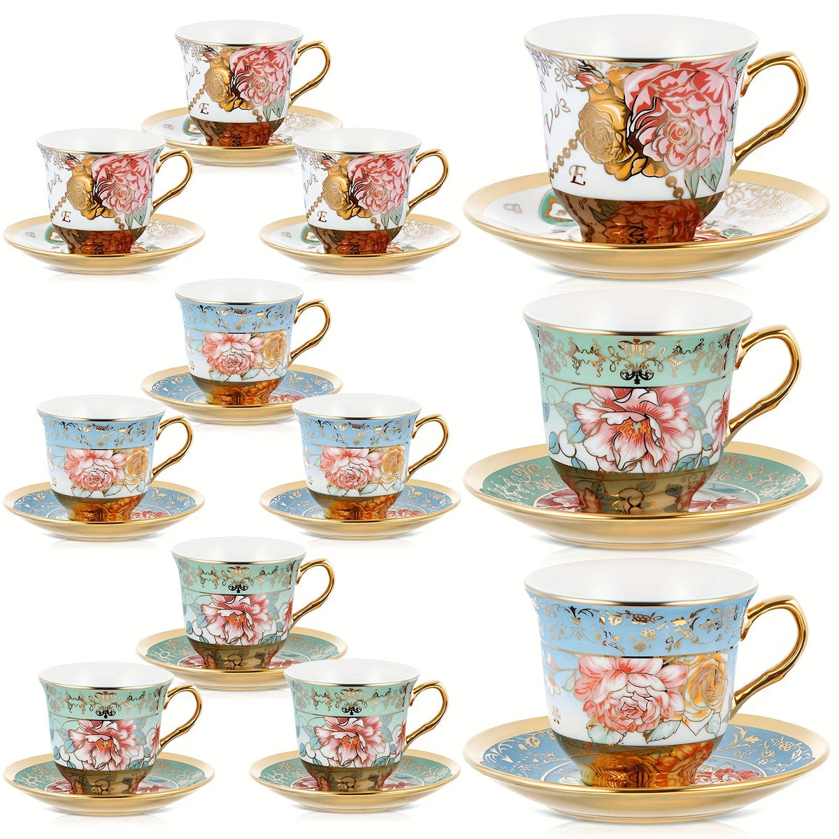 Floral Porcelain Tea Cups and Saucers Set of 12 – 5.4 Oz British Style Tea Party Cups – Classic Elegant Gift for Women – Perfect for Birthday, Mother's Day, Church & Tea Parties