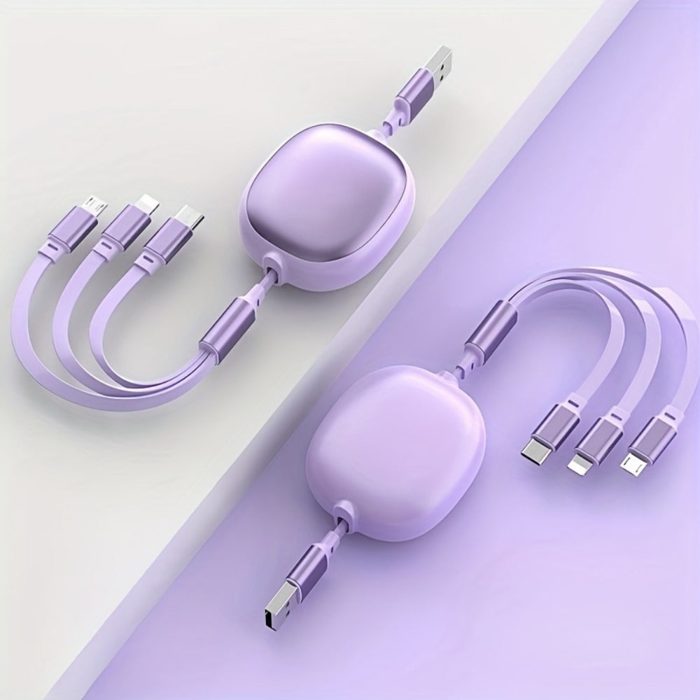 Retractable 3-in-1 Charging Cable 100W Fast Charge – USB-C Micro USB Lightning Multi Connector 1.2m 480Mbps Data Sync for iPhone 15 14 13 12 11 Samsung Galaxy Android – Tangle-Free Travel Cable 6 Colors