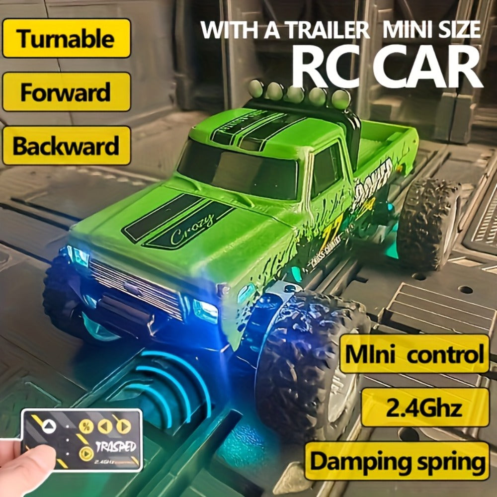 1:64 Mini RC Truck with Trailer and LED Lights, Green, Gray or Blue