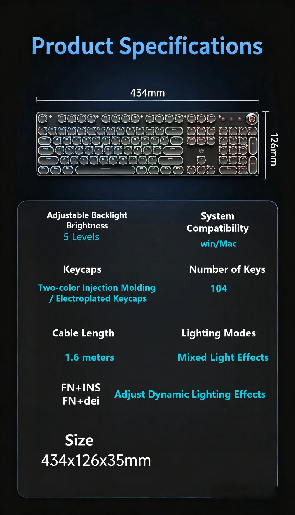 Typewriter Mechanical Keyboard with Green Switches – Retro Punk Style RGB Backlit Wired Gaming & Office Keyboard with Volume Knob, Compatible with PC Laptop Mac – Unique Gift for Her & Him